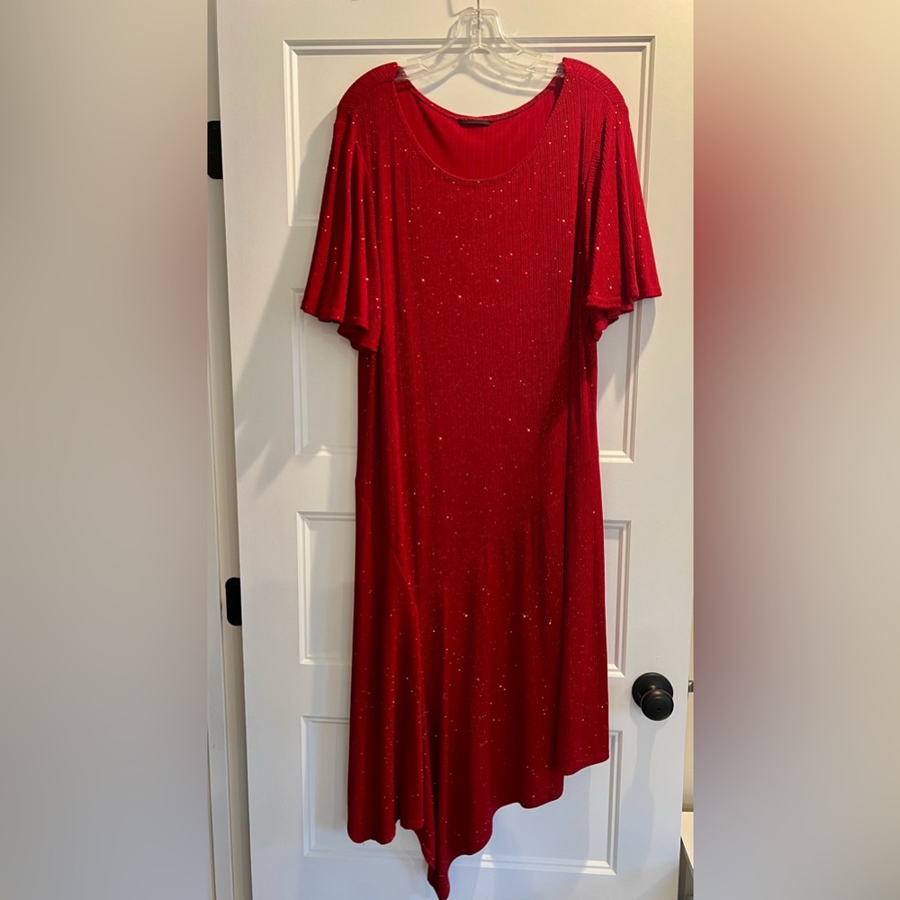 Red Sparkle Party Dress Flutter Sleeve Stretch Pullover Womens Size Large